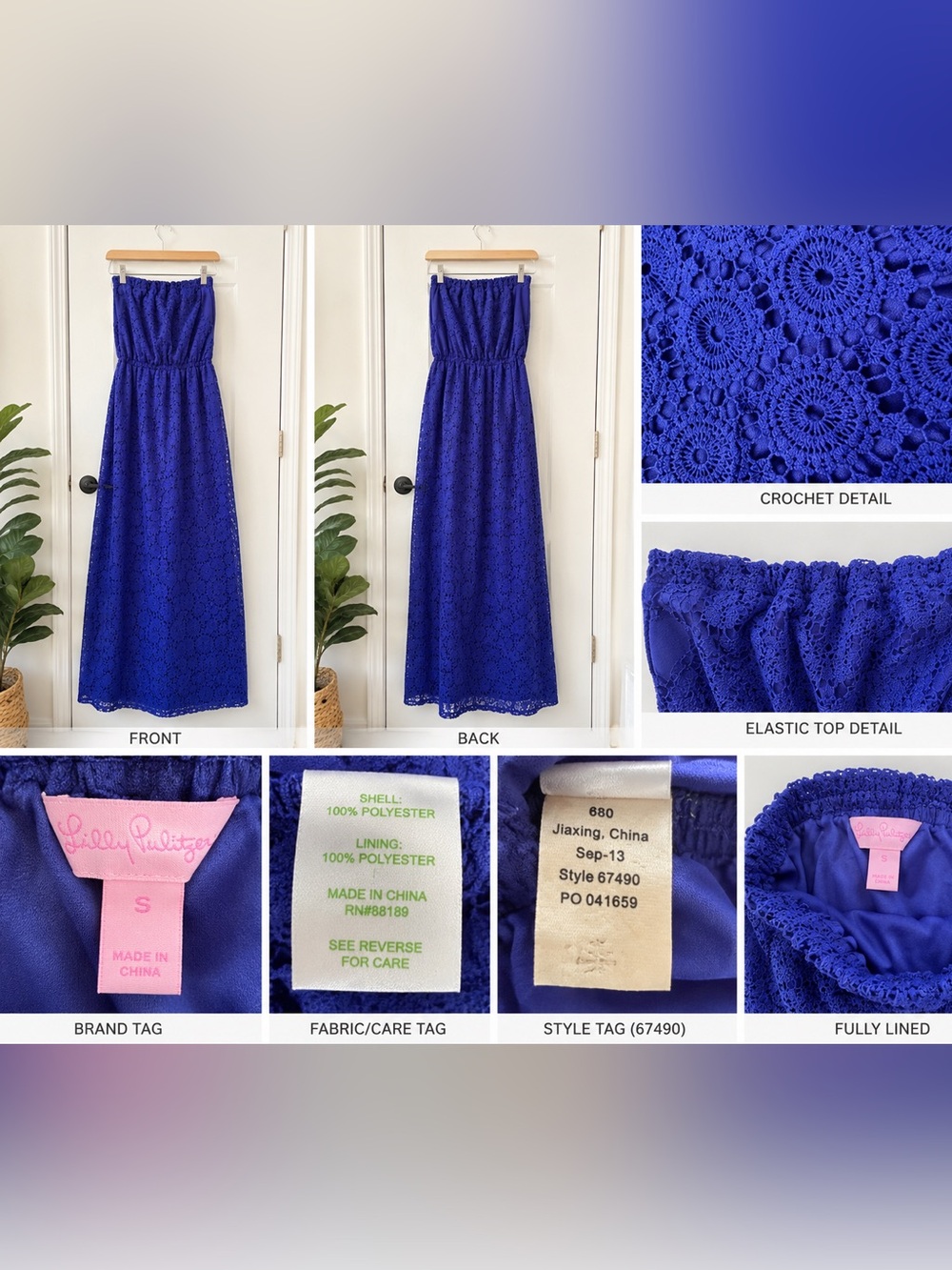 Lilly Pulitzer Blue Crochet overlay Strapless Maxi Dress Size S